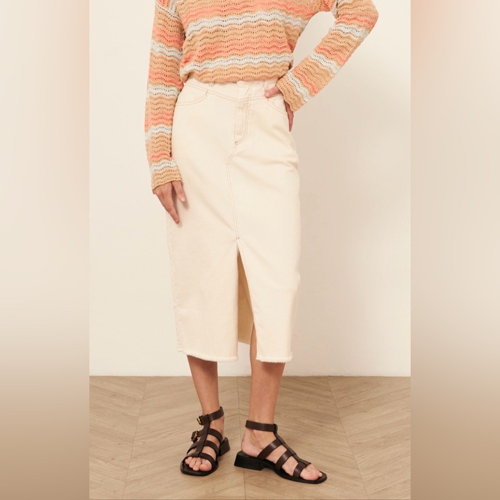Cream Midi Skirt with Front Slit
